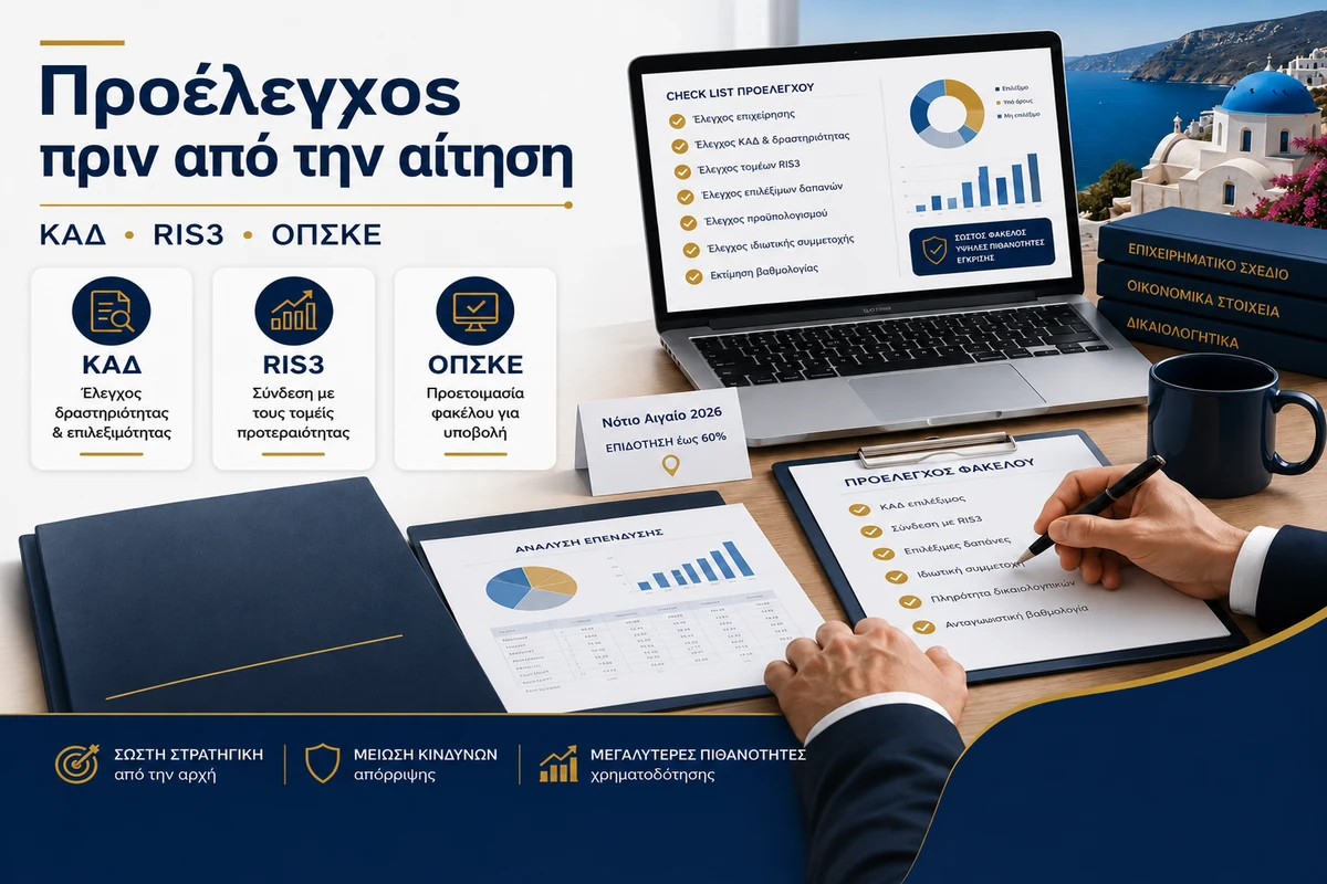 Προέλεγχος επιλεξιμότητας για το ΕΣΠΑ Νότιο Αιγαίο 2026 με έλεγχο ΚΑΔ, RIS3 και φακέλου ΟΠΣΚΕ