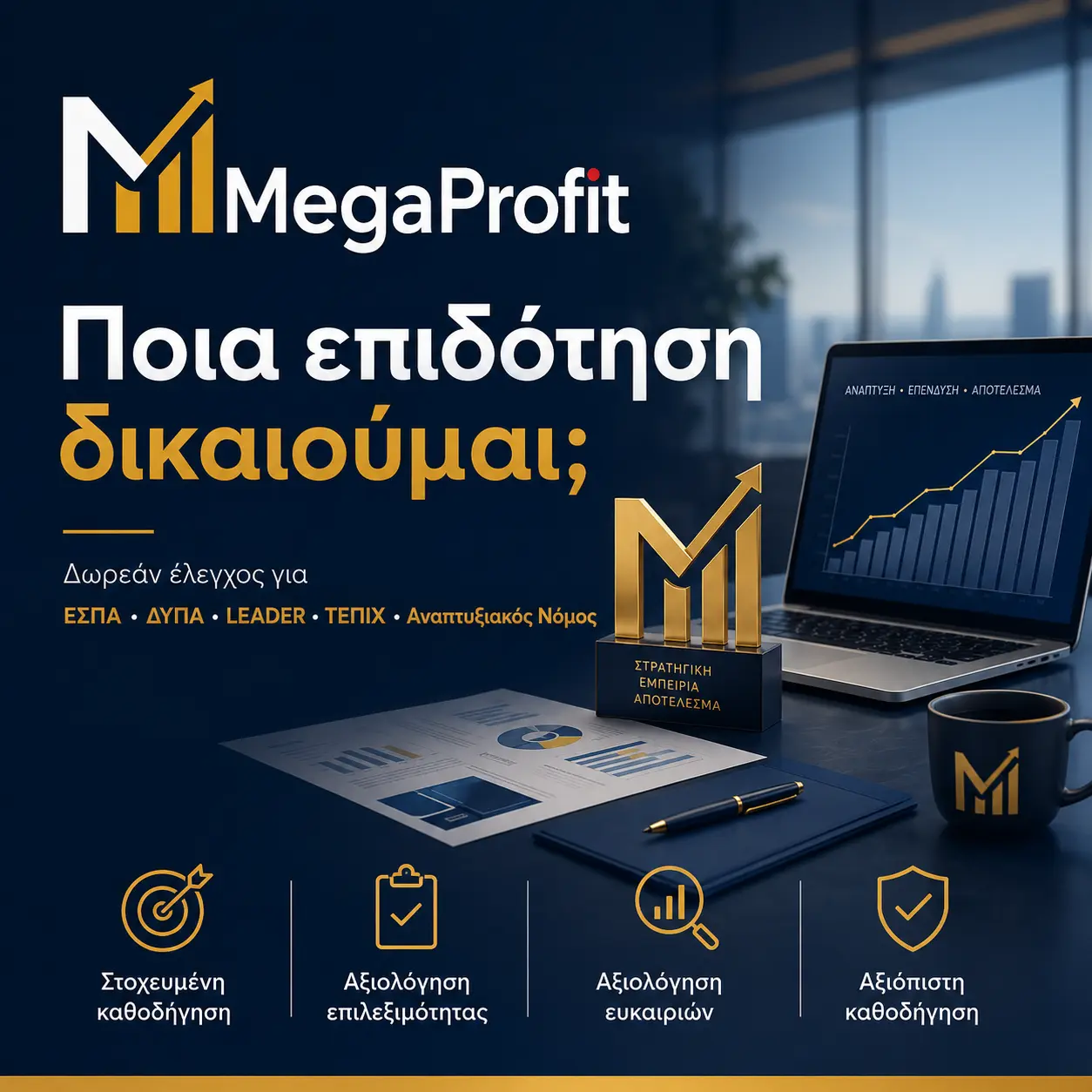 Ποια επιδότηση δικαιούμαι - δωρεάν έλεγχος επιδότησης για ΕΣΠΑ, ΔΥΠΑ, LEADER, ΤΕΠΙΧ και Αναπτυξιακό Νόμο από τη MegaProfit