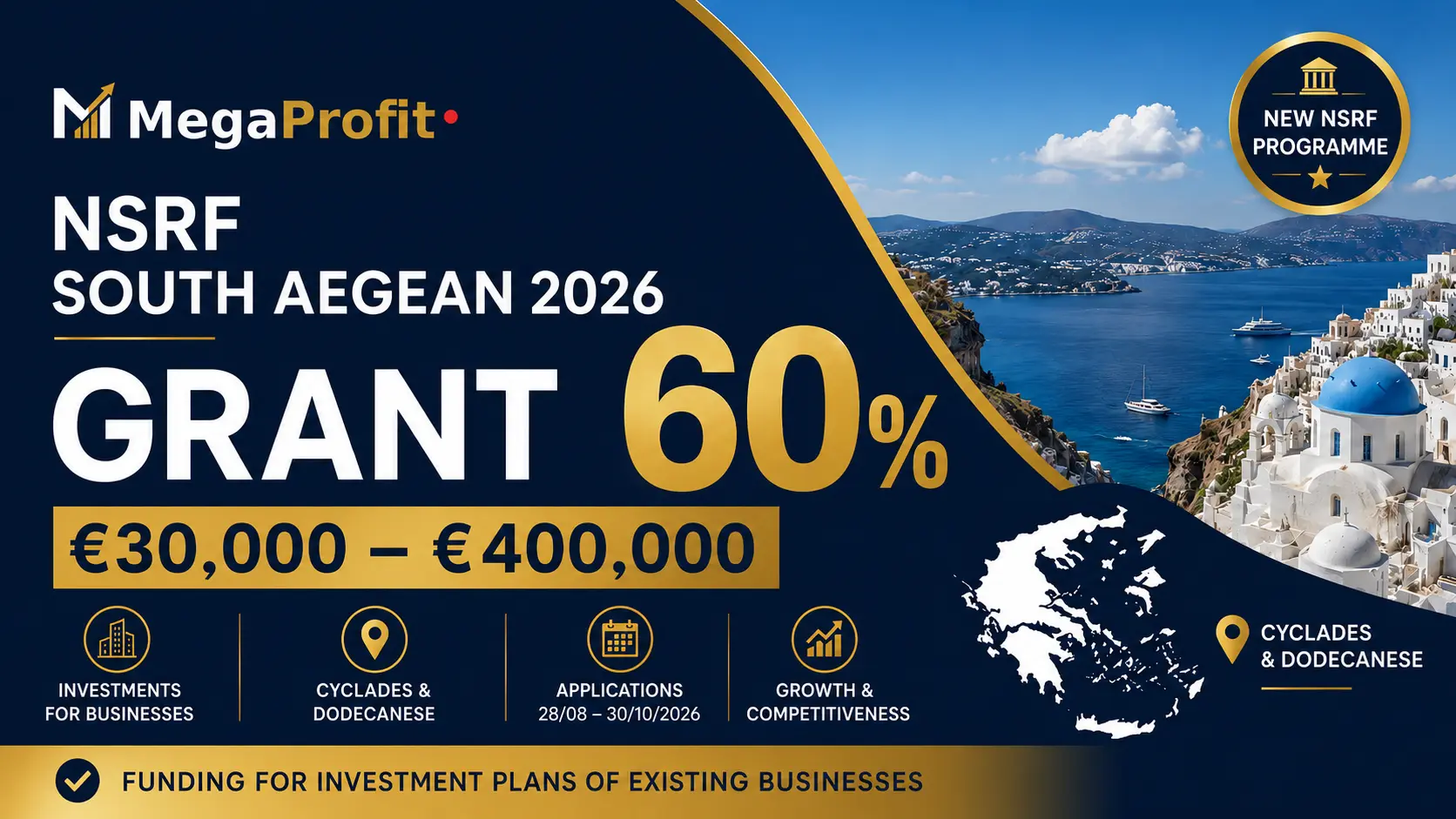South Aegean NSRF 2026 grant of 60% up to €400,000 for businesses in the Cyclades and Dodecanese